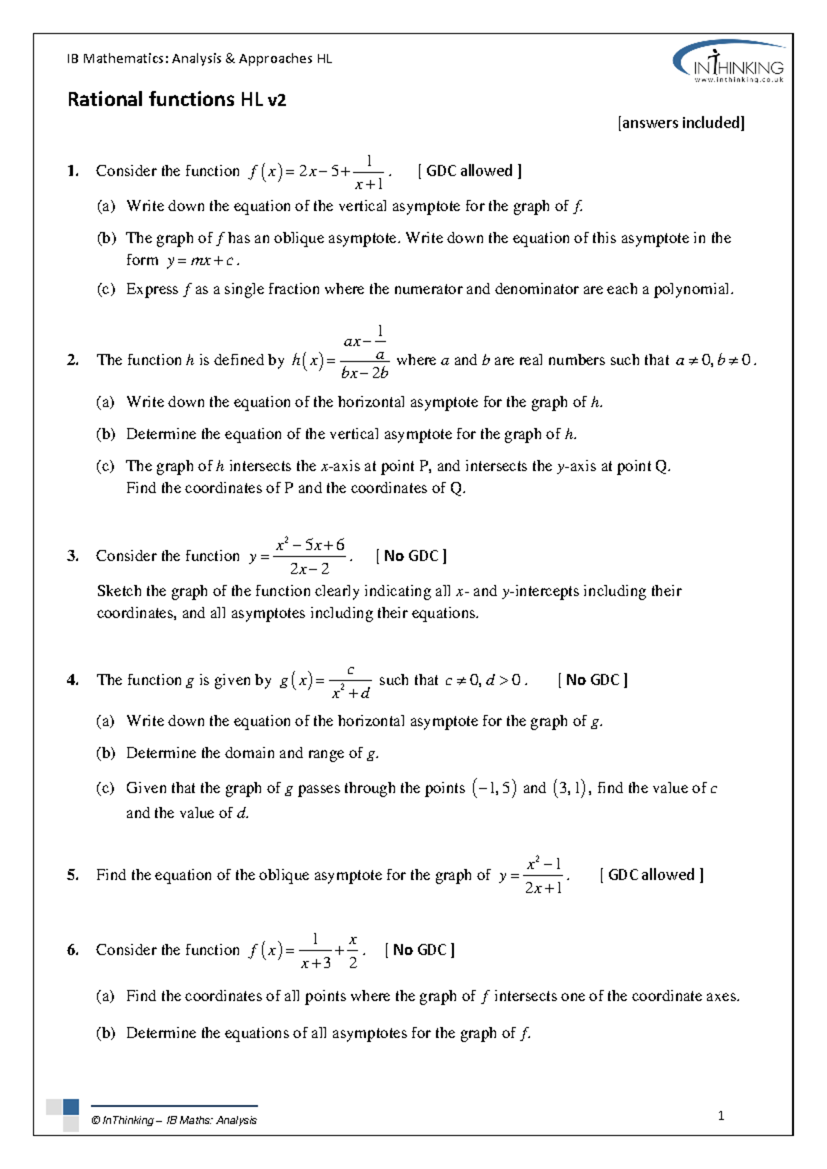 Aa hl rational functions - IB Mathematics: Analysis & Approaches HL ...