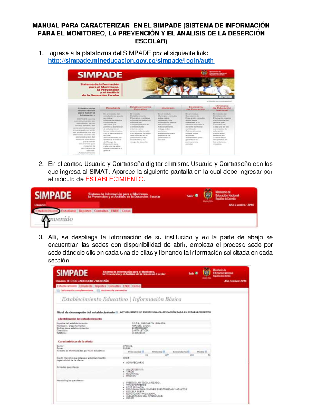PASO A PASO Establecimiento Simpade - MANUAL PARA CARACTERIZAR EN EL ...