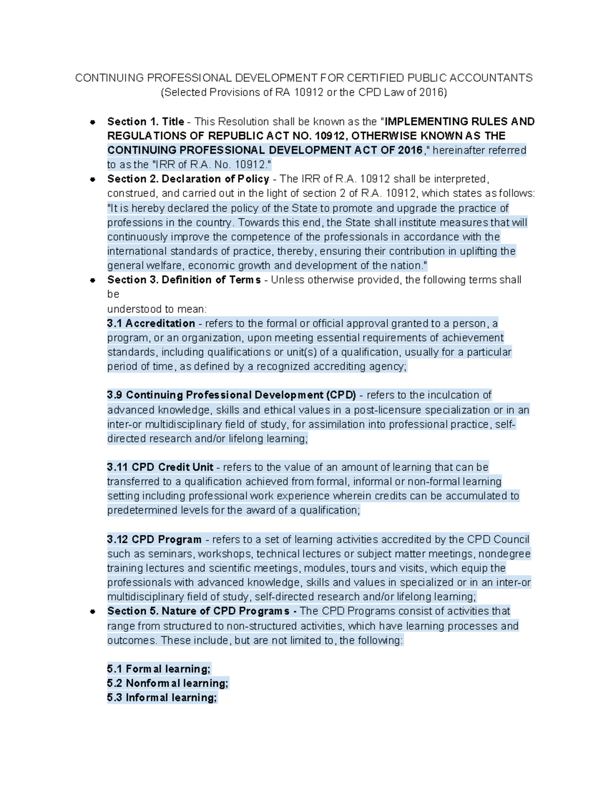 CPD - (Selected Provisions of RA 10912 or the CPD Law of 2016 ...