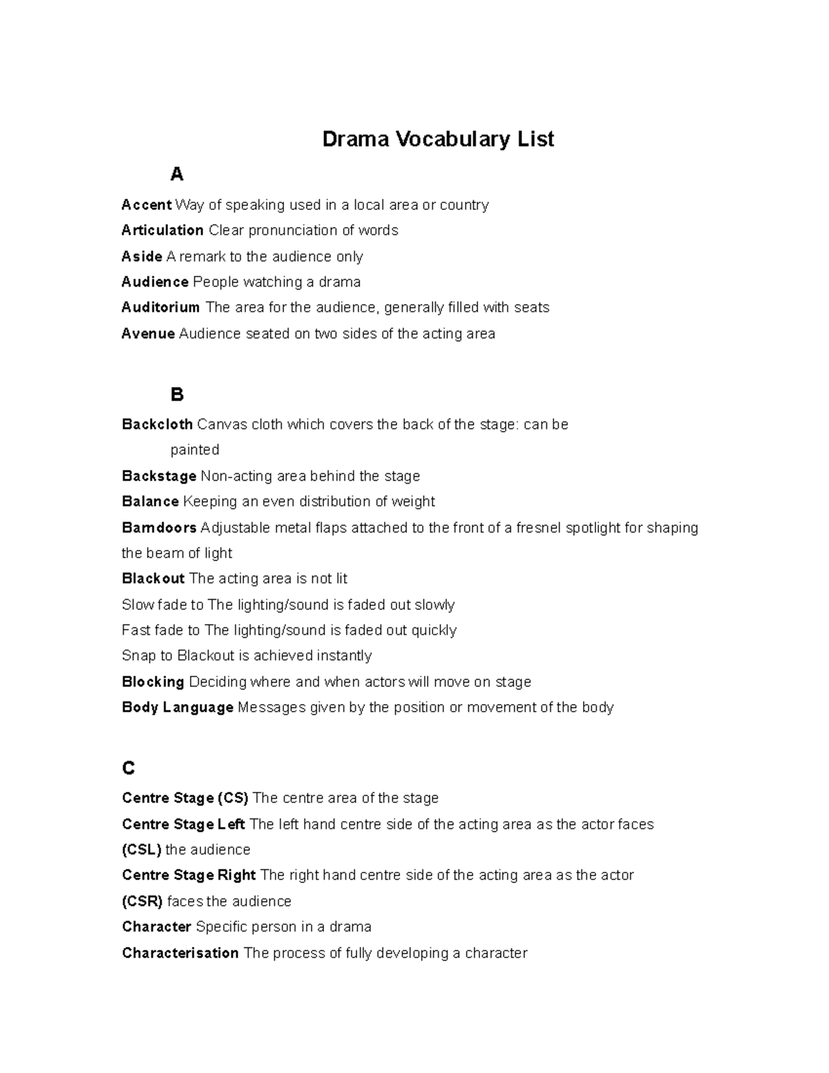 Drama Vocabulary List - Drama Vocabulary List A Accent Way of speaking ...