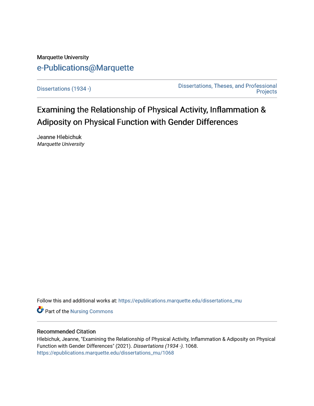 Examining the Relationship of Physical Activity Inflammation & A ...