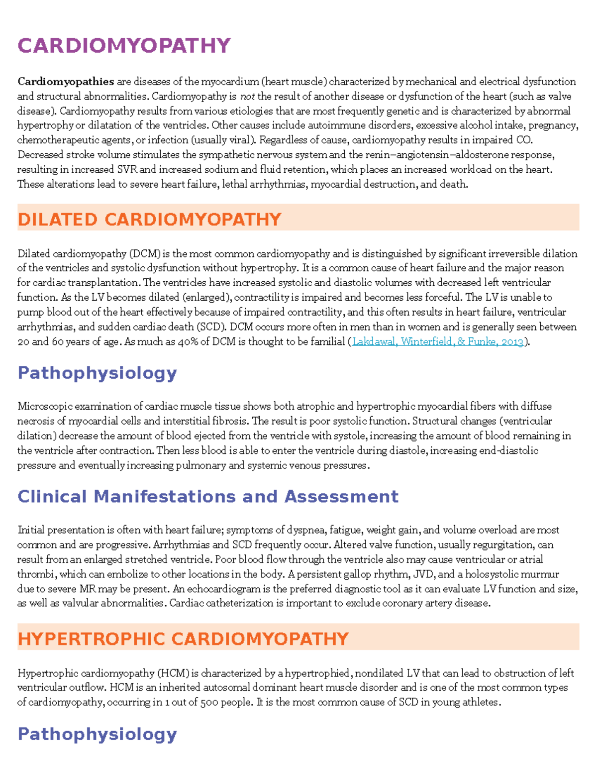 Cardiomyopathy Summary Nursing And Healthcare Vii Adult Health And