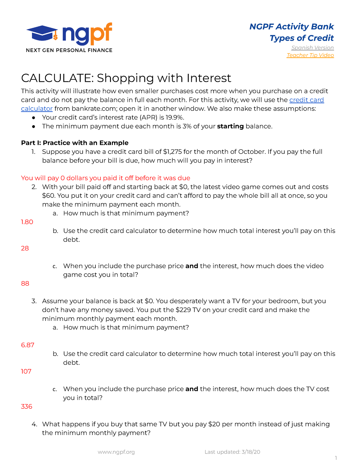 calculate shopping with interest answers