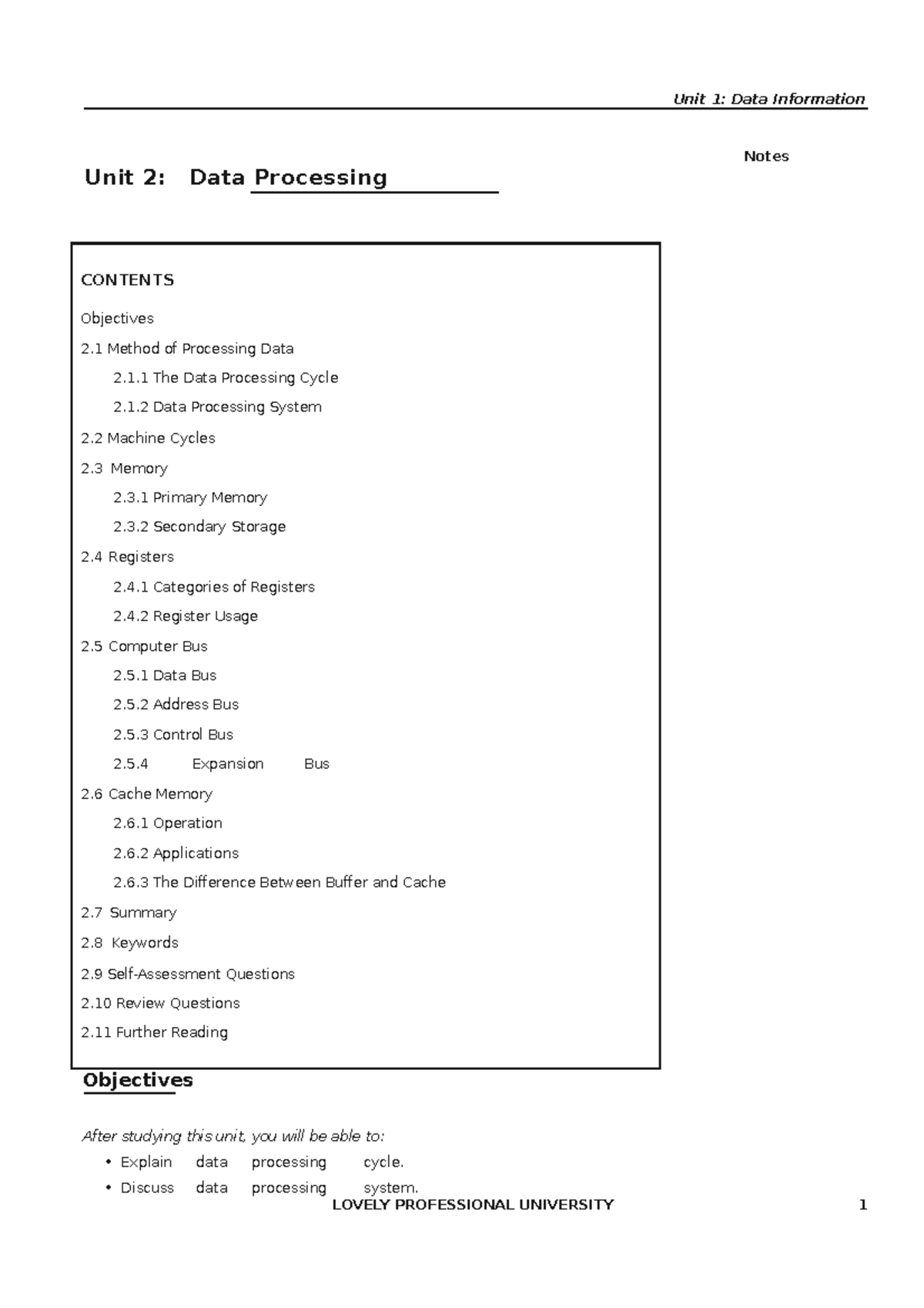 Unit 2 - notes - Unit 1: Data Information Notes Unit 2: Data Processing ...