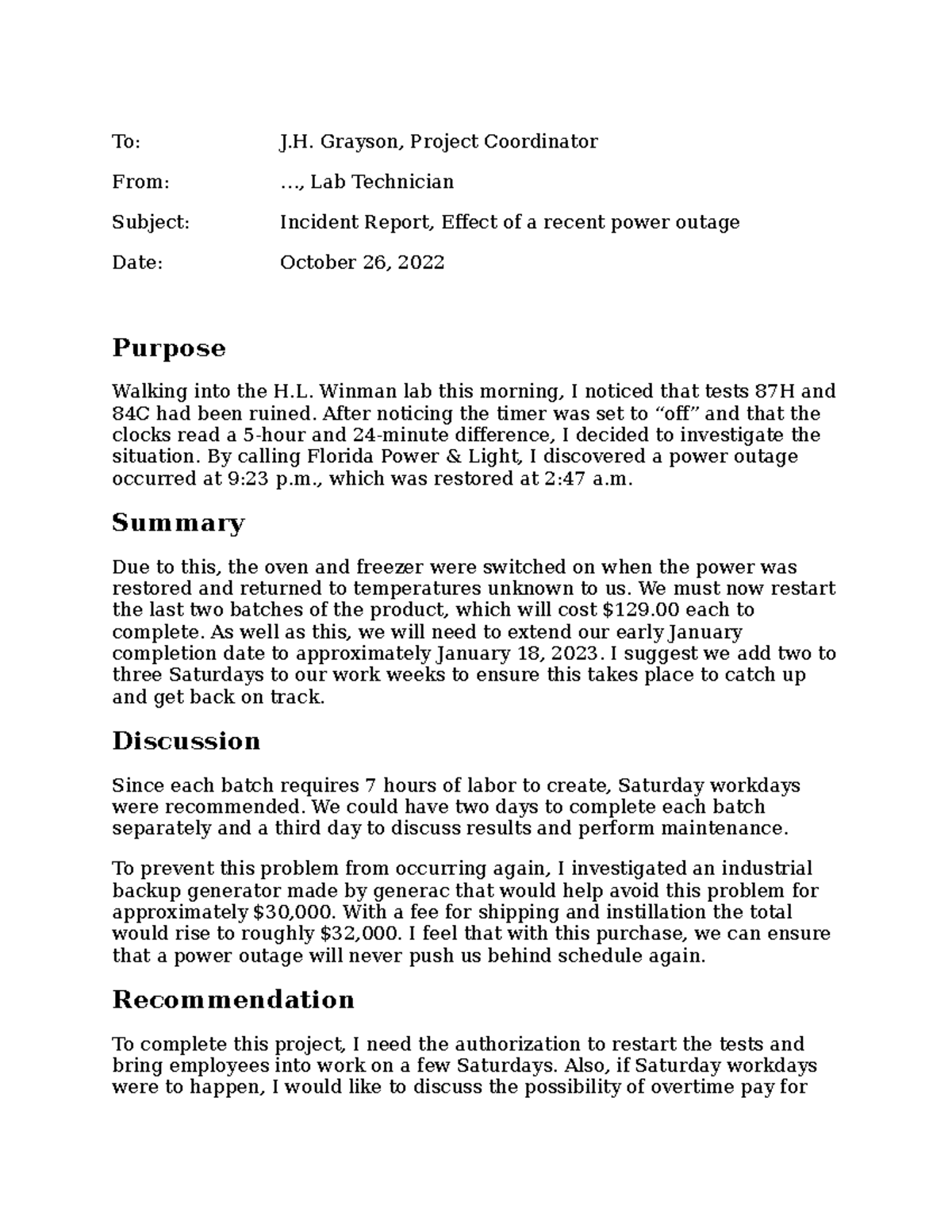Memo Report - To: J. Grayson, Project Coordinator From: ..., Lab ...