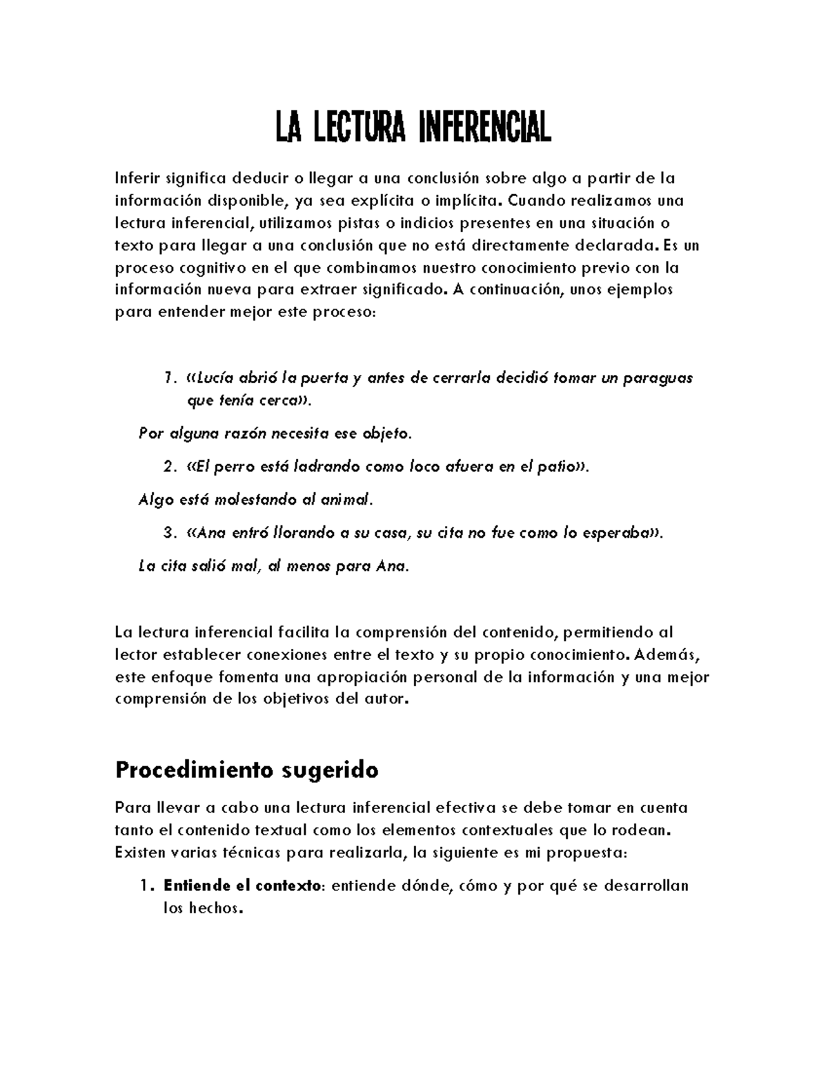 Lectura inferencial - Apuntes - La lectura inferencial Inferir ...