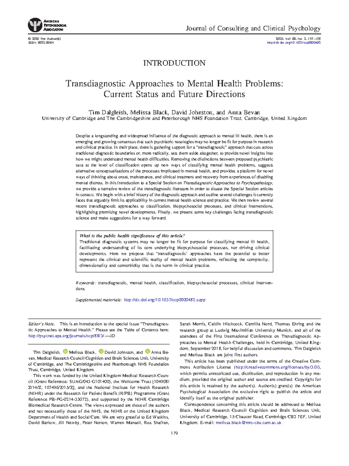 Required Readings - INTRODUCTION Transdiagnostic Approaches To Mental ...