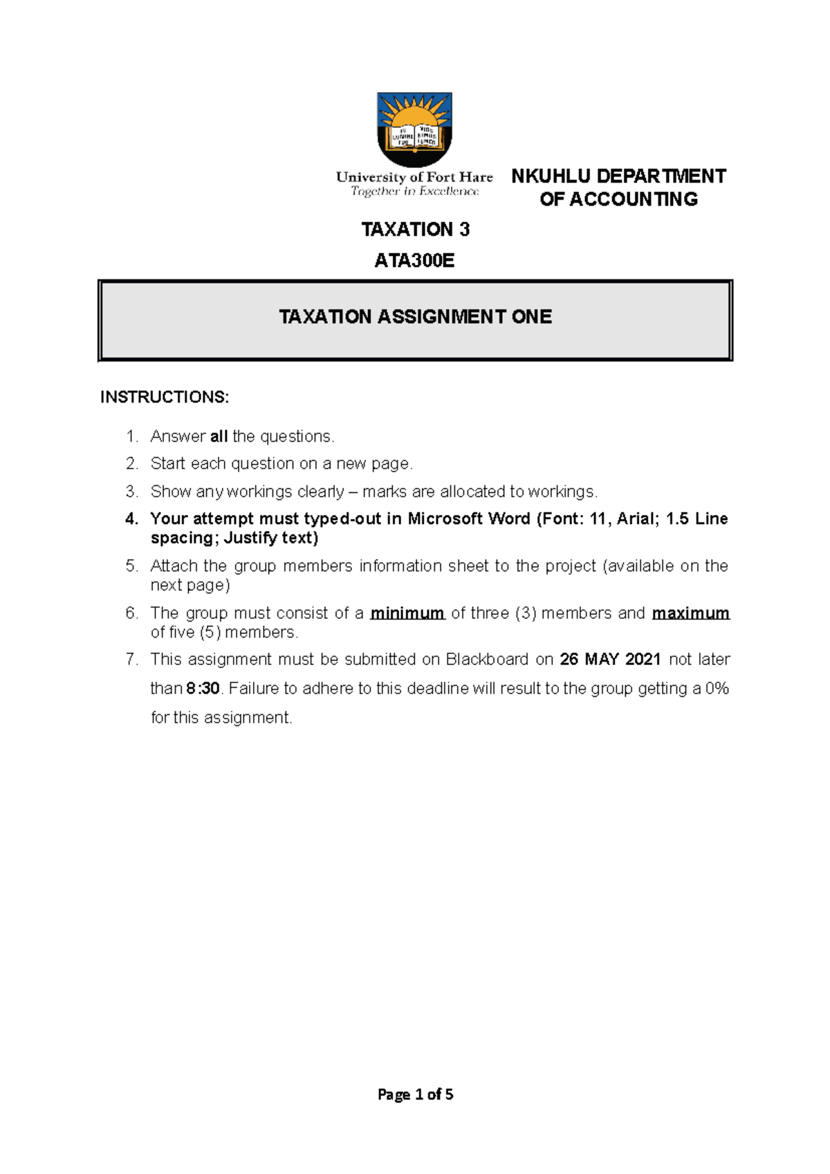 3rd yr Tax assignment v2 - NKUHLU DEPARTMENT OF ACCOUNTING TAXATION 3 ...