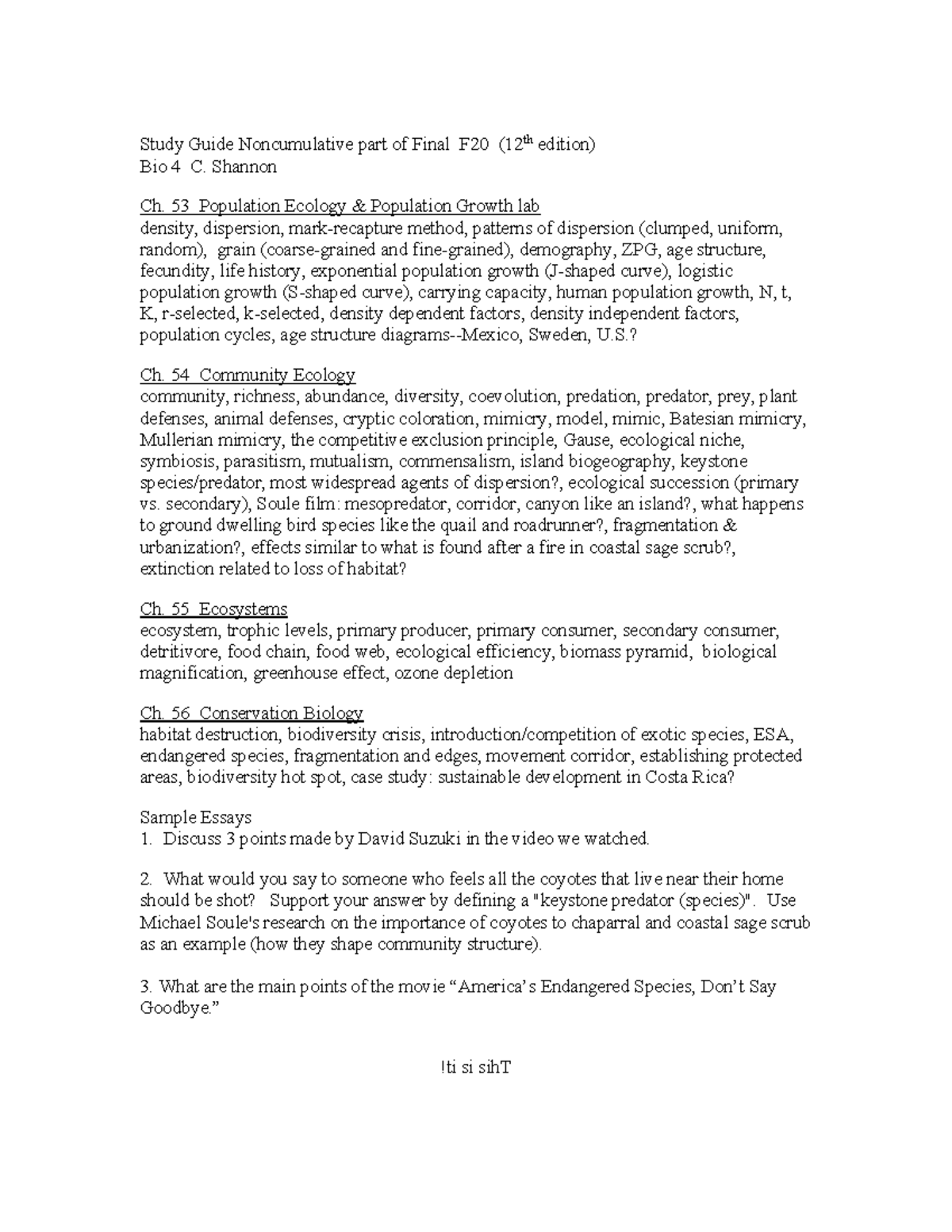 Bio4 Finalstgd - notes - Study Guide Noncumulative part of Final F20 (1 ...