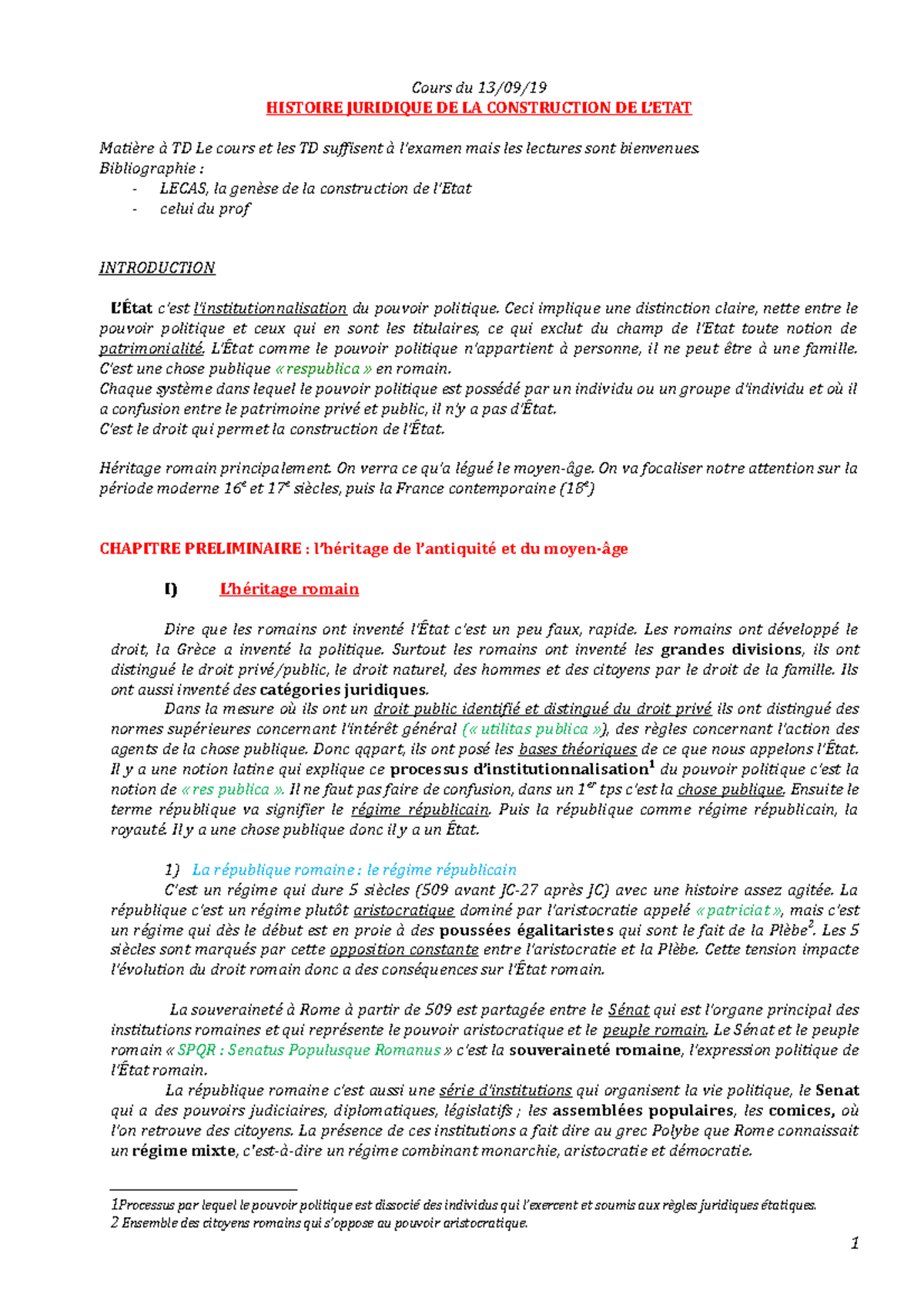 Histoire juridique de la construction de l'etat Cours du 13/09/ HISTOIRE JURIDIQUE DE LA Studocu