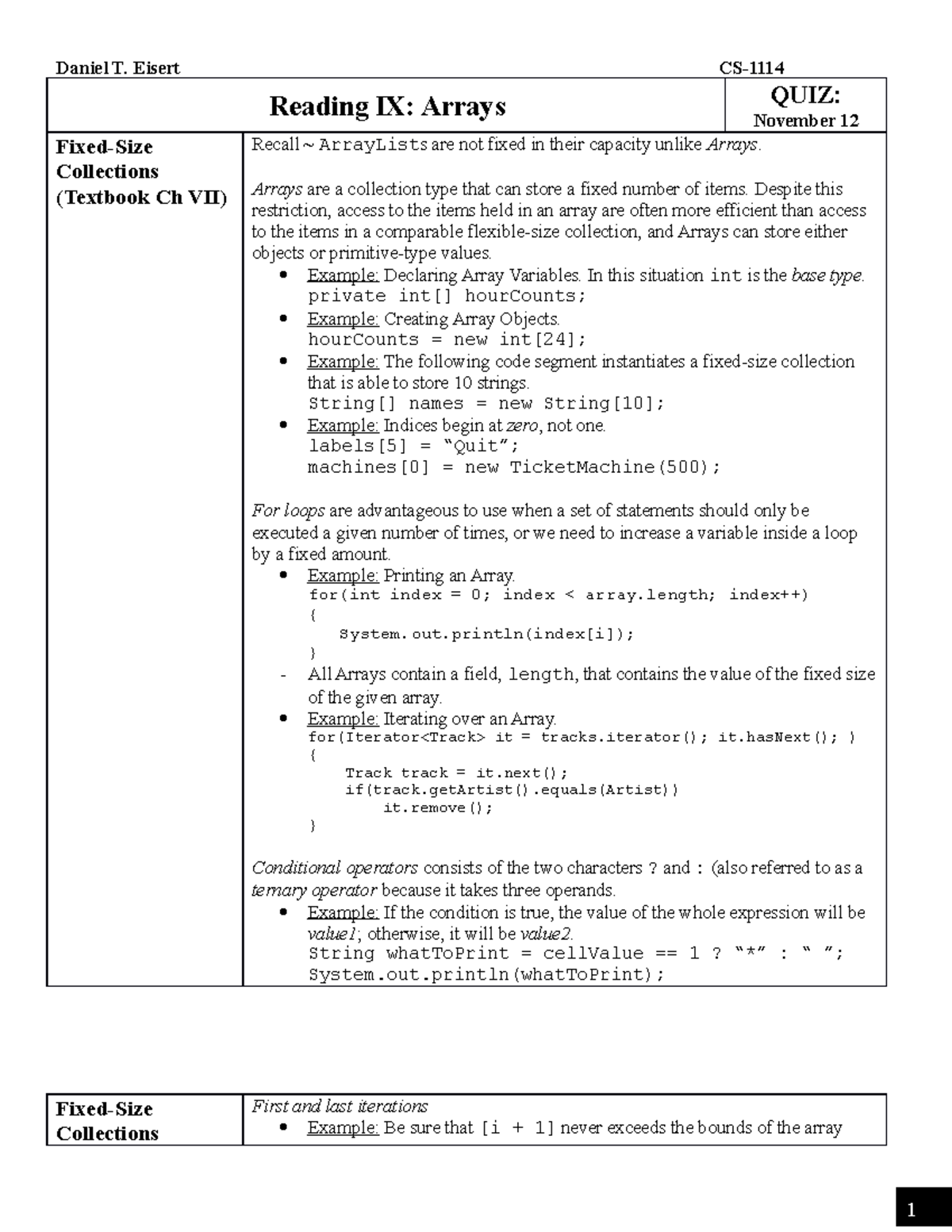 CS-1114 - Notes - Reading 9 - 1 Daniel T. Eisert CS- Reading IX: Arrays ...