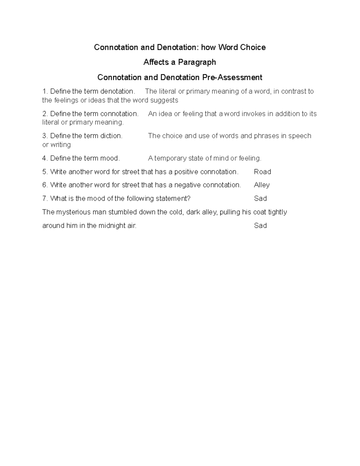 Connotation And Denotation Pre Assessment - Connotation And Denotation ...