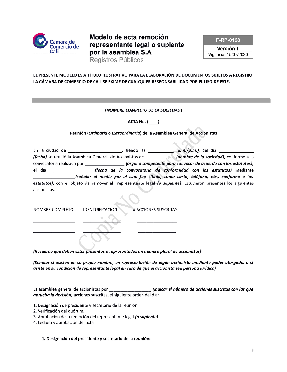 Modelo Acta Remoción Representante Legal O Suplente Por La Asamblea S A