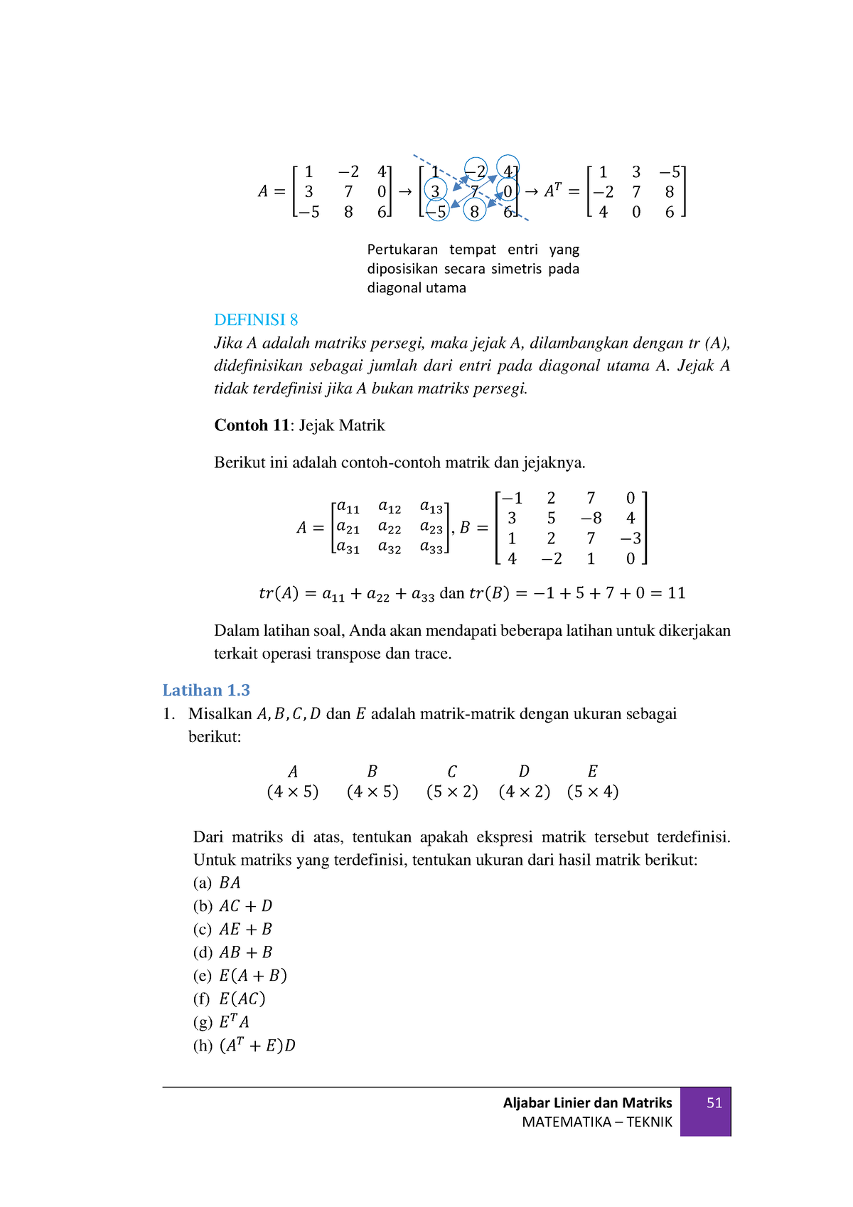 3 - Tugss - Aljabar Linier Dan Matriks MATEMATIKA – TEKNIK 51 𝐴 = [ 1 − ...