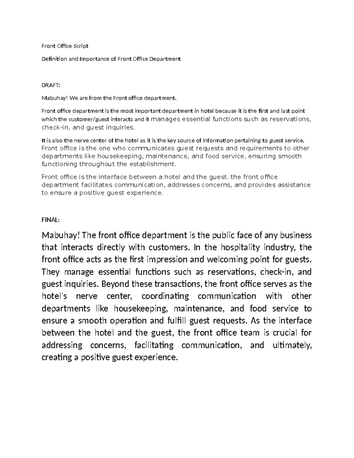 Front Office Script Front Office Script Definition and Importance of