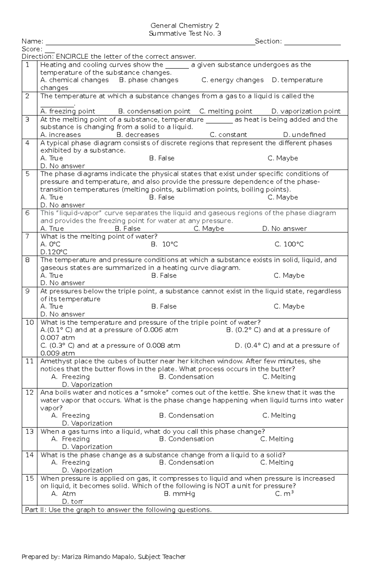 Q3 ST3 Genchem 2 - General Chemistry 2 Summative Test No. 3 Name: - Studocu