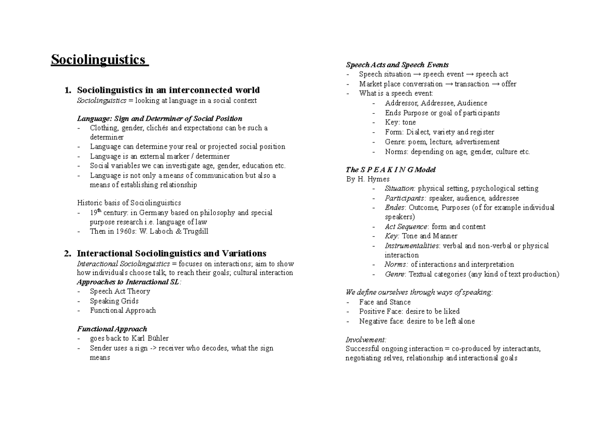 Sociolinguistics Zusammenfassung Sociolinguistics 1. Sociolinguistics