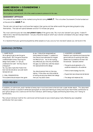Games Design 1 - Coursework 1 (marking scheme) - GAME DESIGN 1 ...