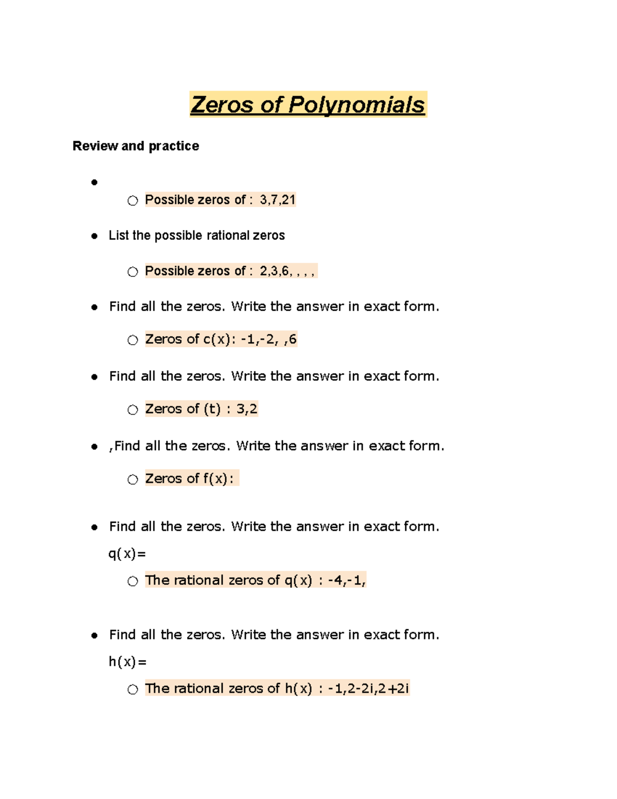 Zeros Of Polynomials - Zeros Of Polynomials Review And Practice ...