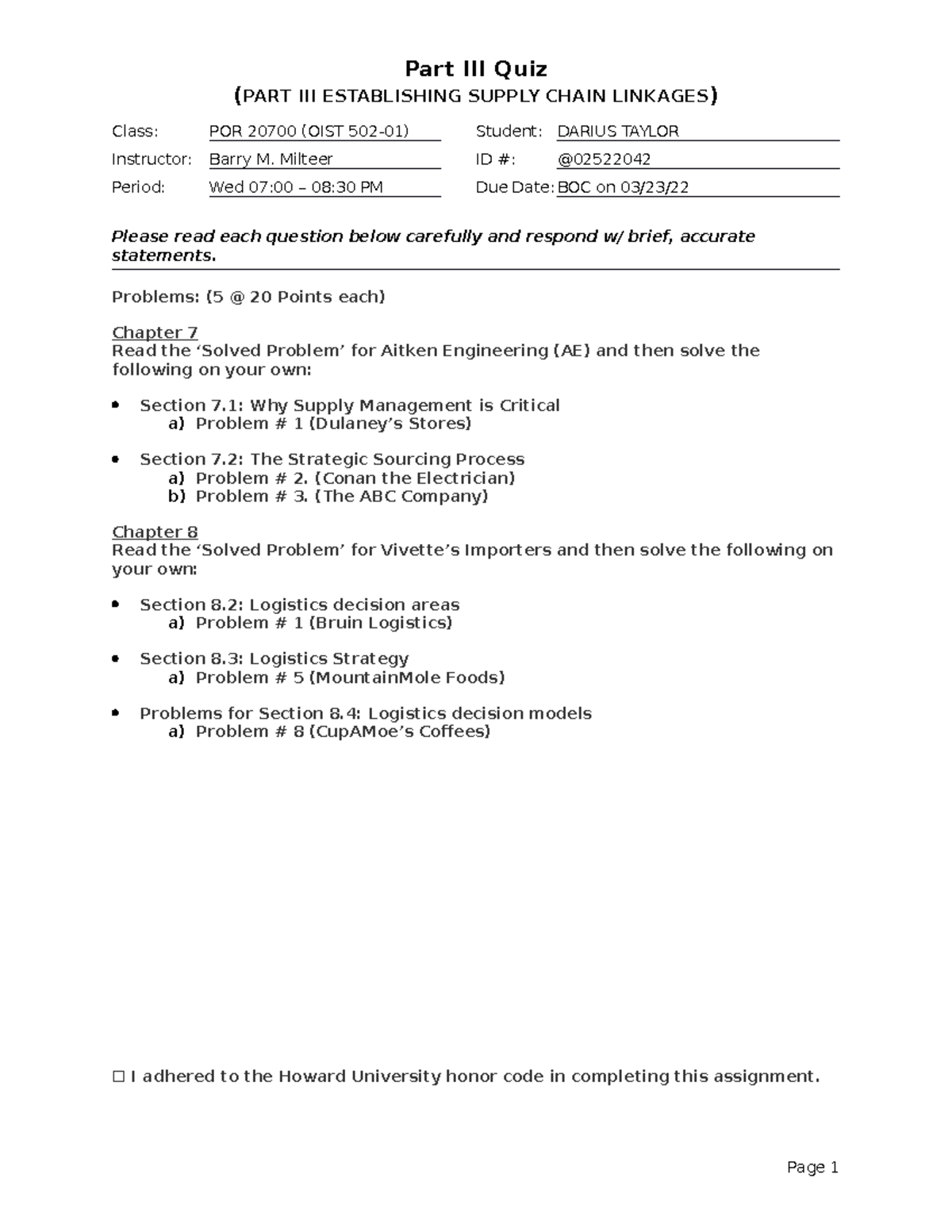 Part III Quiz - Quiz - (PART III ESTABLISHING SUPPLY CHAIN LINKAGES ...