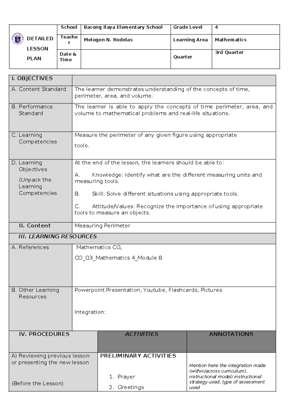 Lesson Plan Day 2 - DETAILED LESSON PLAN School Bacong Ilaya Elementary ...