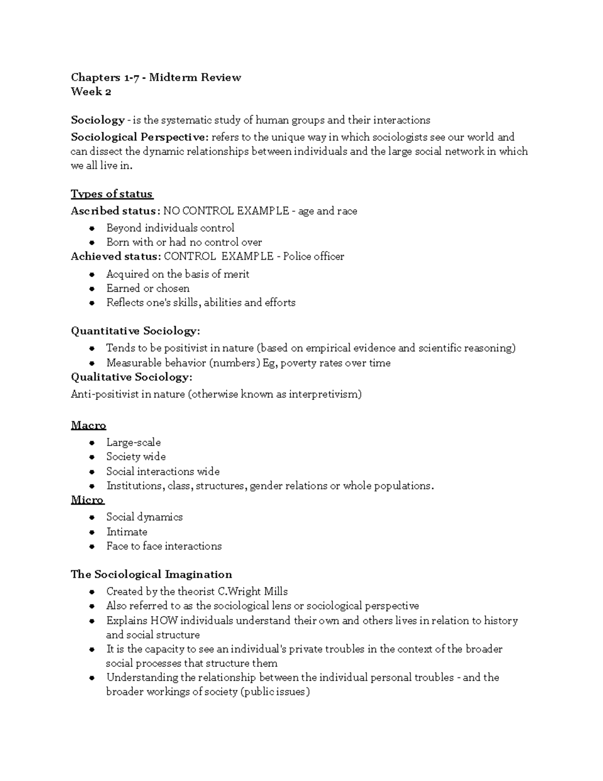 Midterm Review - Soci-1001 - Chapters 1-7 - Midterm Review Week 2 ...