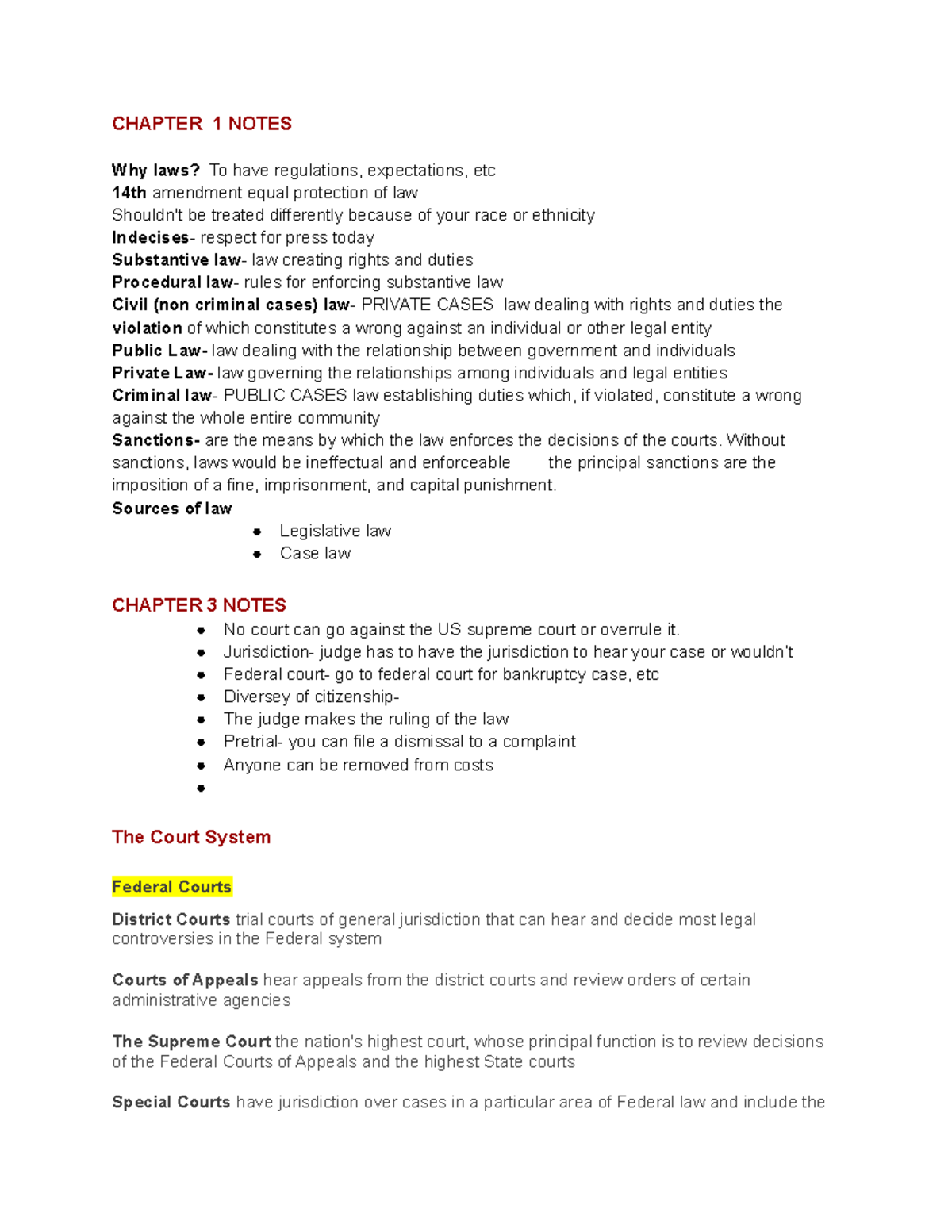 BLW 201 chapter notes - CHAPTER 1 NOTES Why laws? To have regulations ...