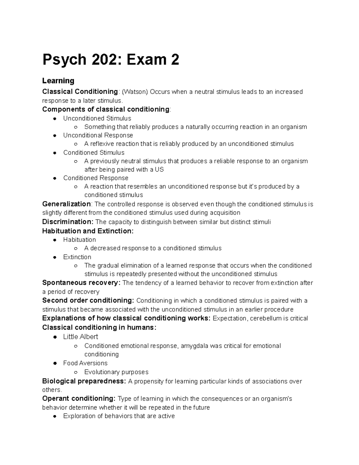 Psych Exam 2 - Psych 202: Exam 2 Learning Classical Conditioning ...