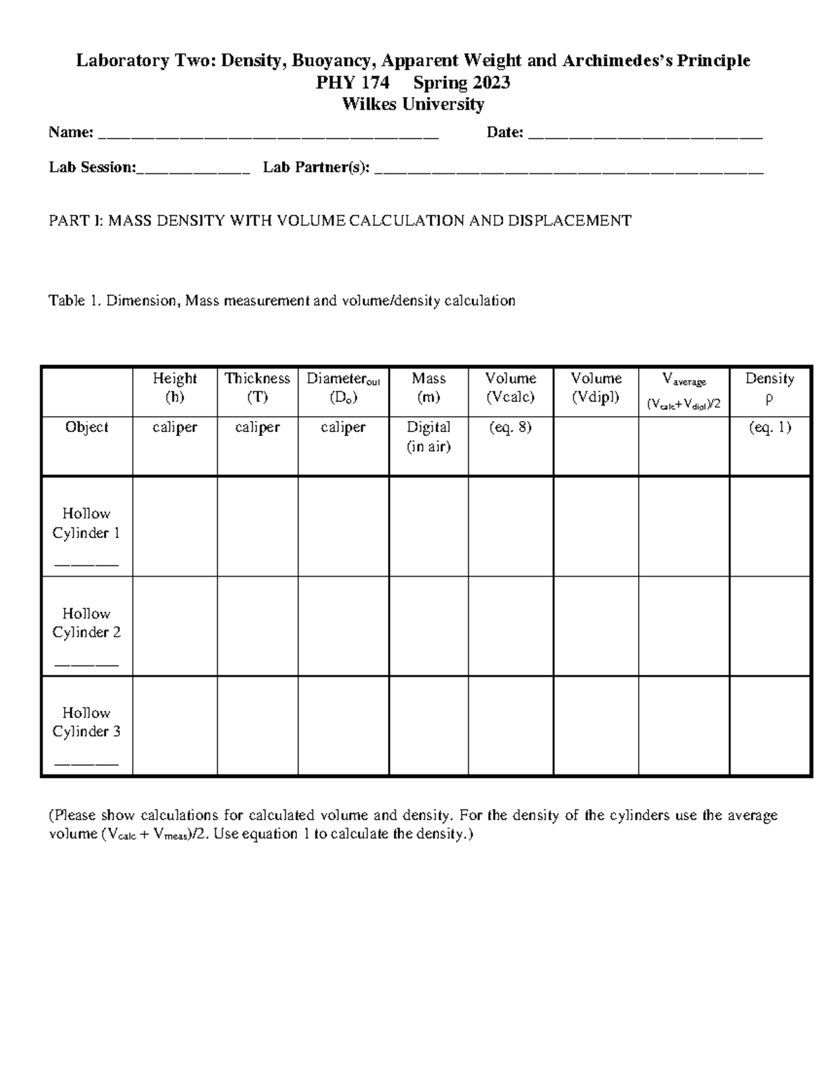 PHY 174 Laboratory Two 2023 data pages - Laboratory Two: Density ...