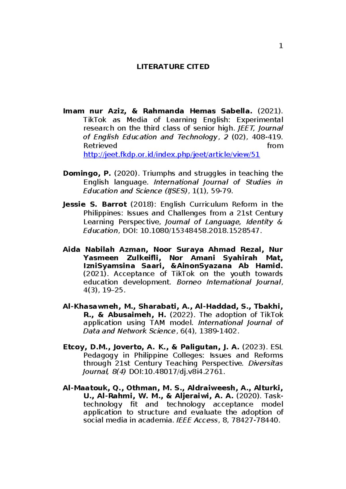 References - RRL - 1 LITERATURE CITED Imam nur Aziz, & Rahmanda Hemas ...