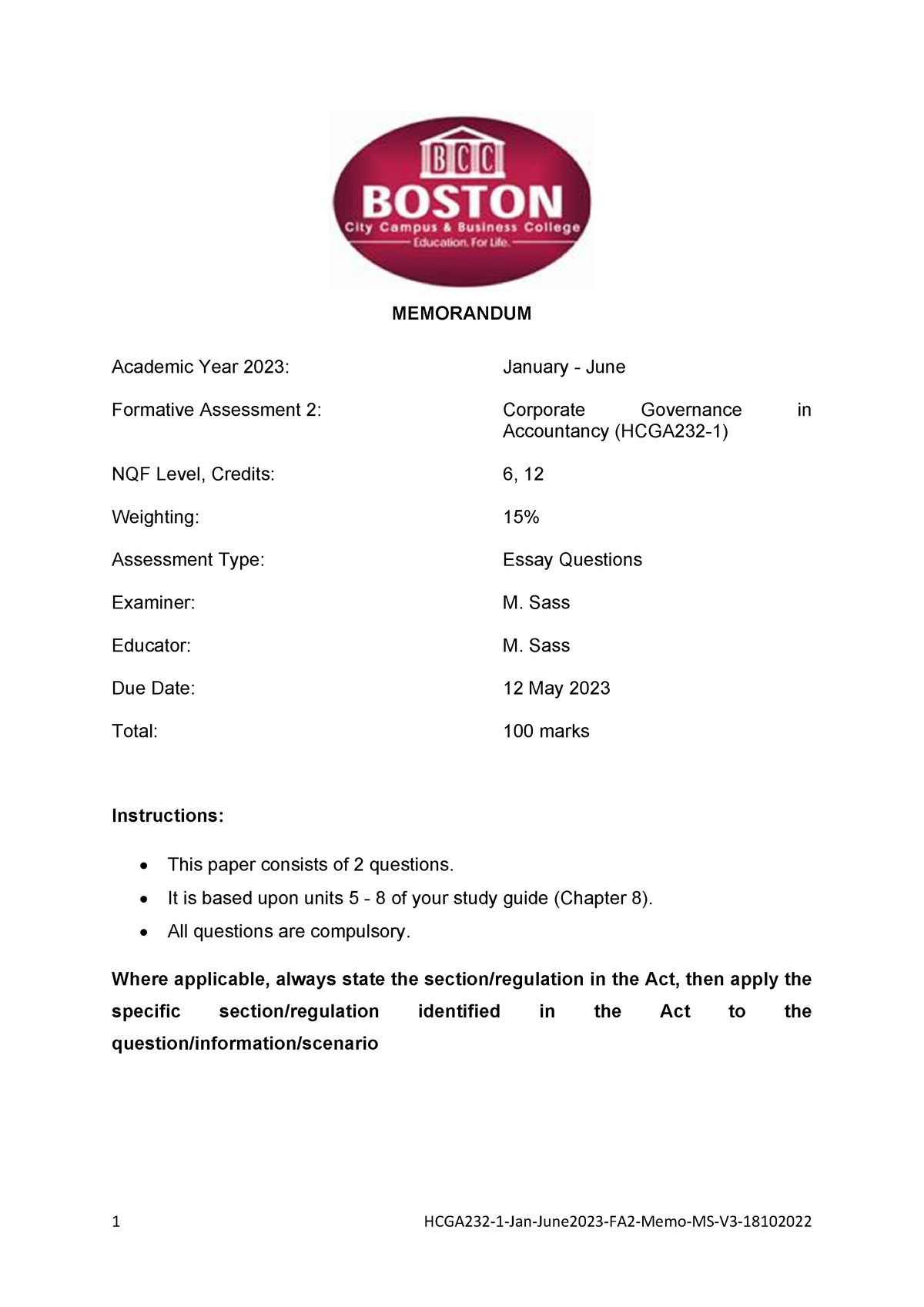 HCGA232 1 Jan June2023 FA2 MS V3 Memo 18102022 - MEMORANDUM Academic ...