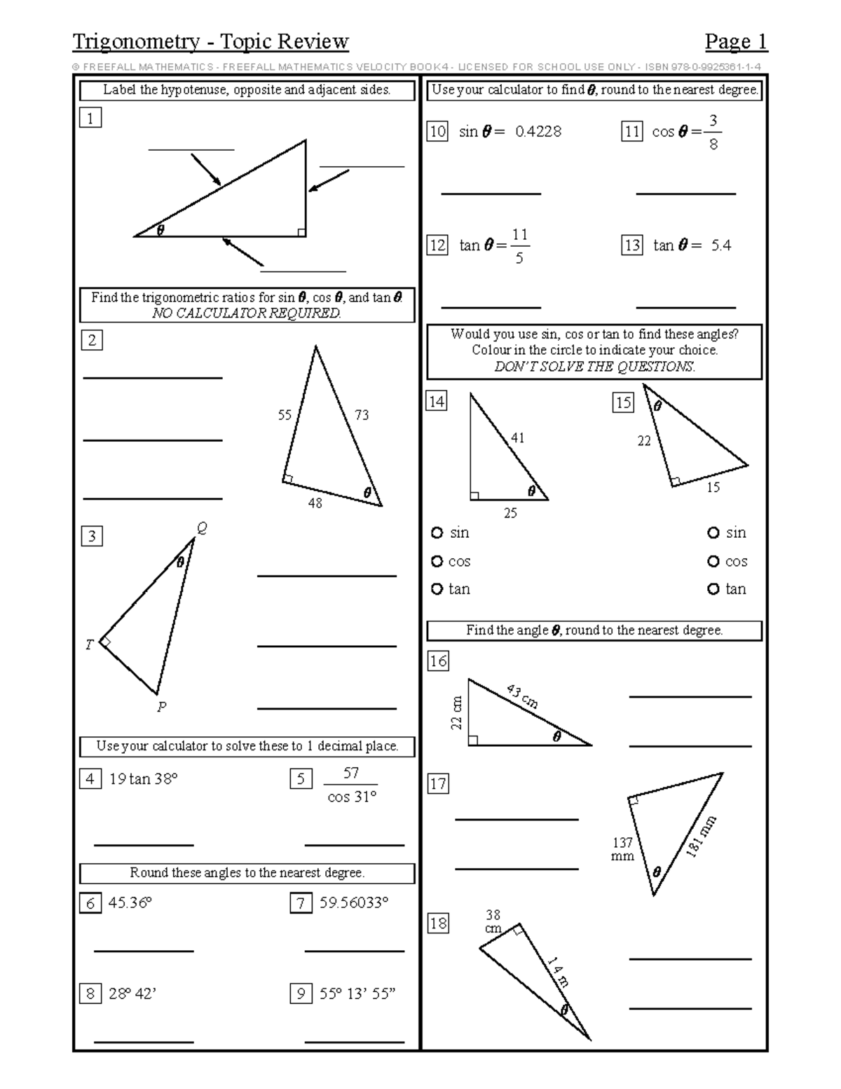 Trig Worksheets - Label the hypotenuse, opposite and adjacent sides ...