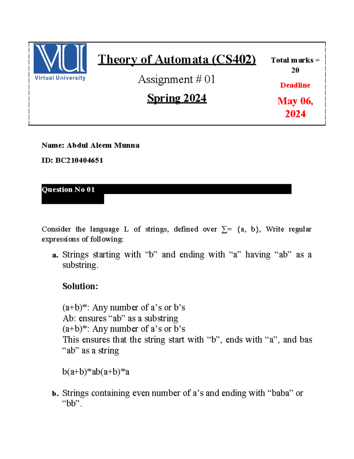 Theory Of Automata 2024 Assignment No 1 - Theory Of Automata (CS402 ...