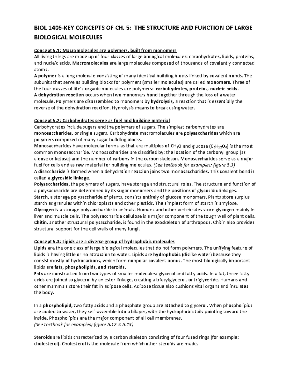 BIOL 1406 Ch5 - THE STRUCTURE AND FUNCTION OF LARGE BIOLOGICAL ...