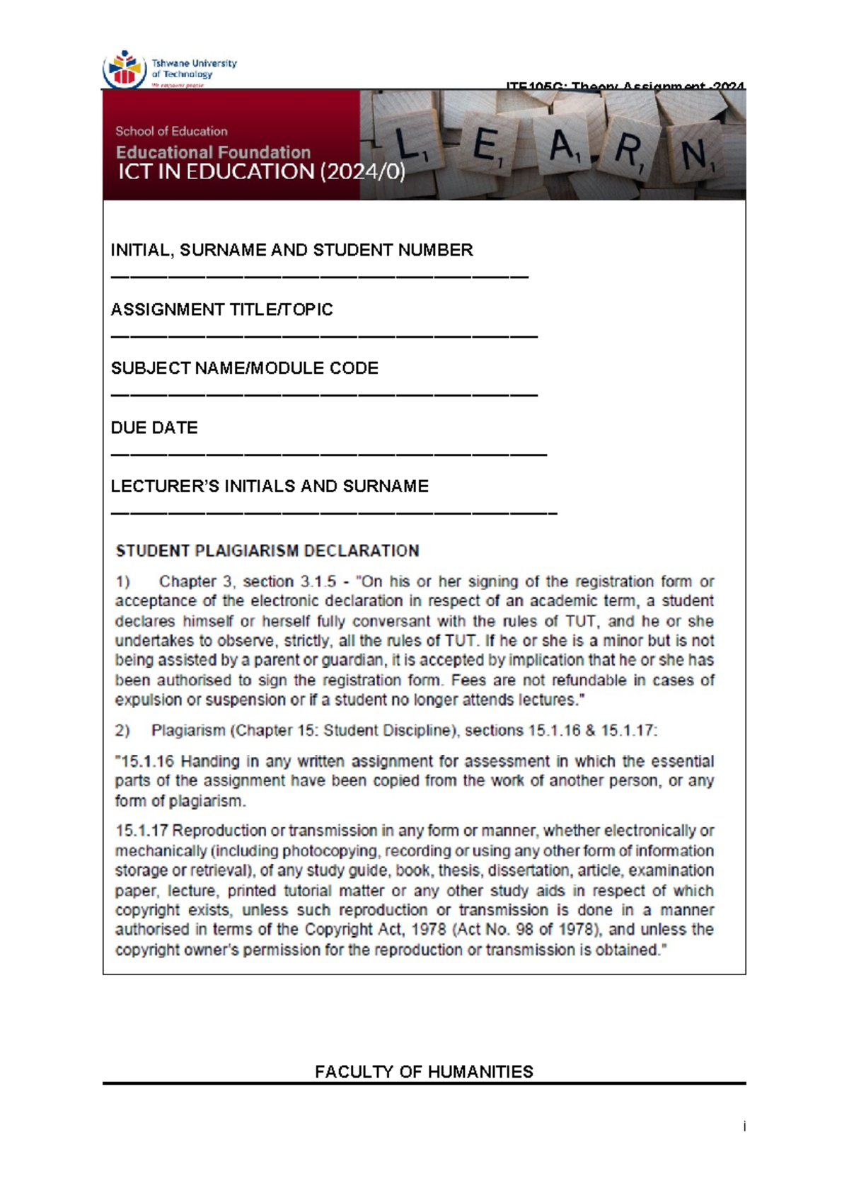 Theory Assignment - INITIAL, SURNAME AND STUDENT NUMBER