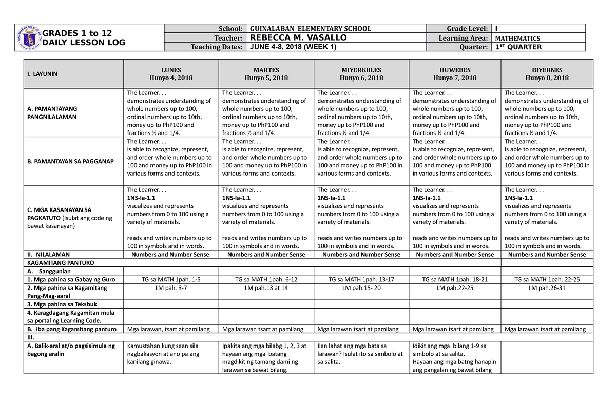 Dll Mathematics 1 Q1 W1 Grades 1 To 12 Daily Lesson Log School Guinalaban Elementary School 4858