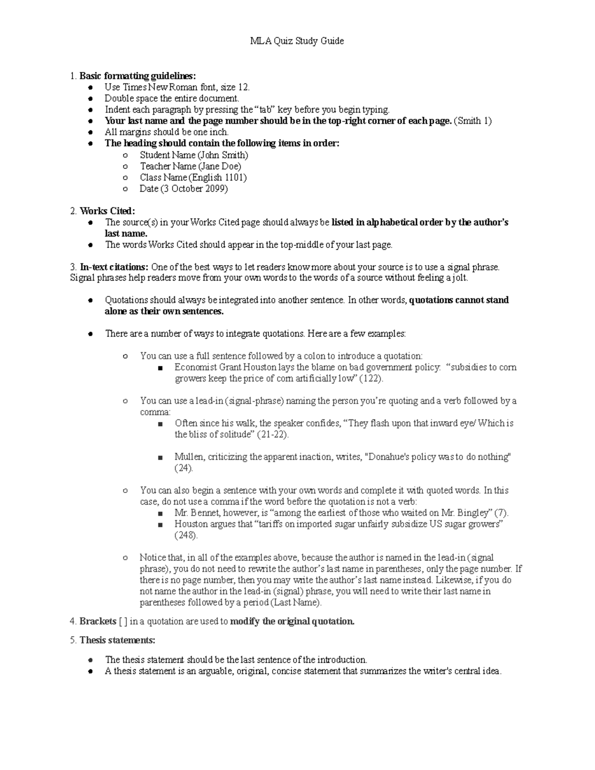 MLA Study Guide - MLA Quiz Study Guide Basic formatting guidelines: Use ...