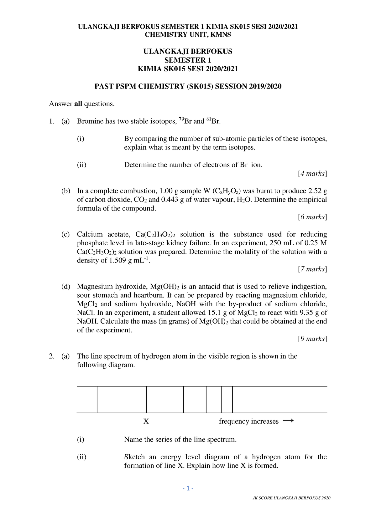 PSPM SK015 2019 2020  CHEMISTRY UNIT, KMNS 1  ULANGKAJI BERFOKUS