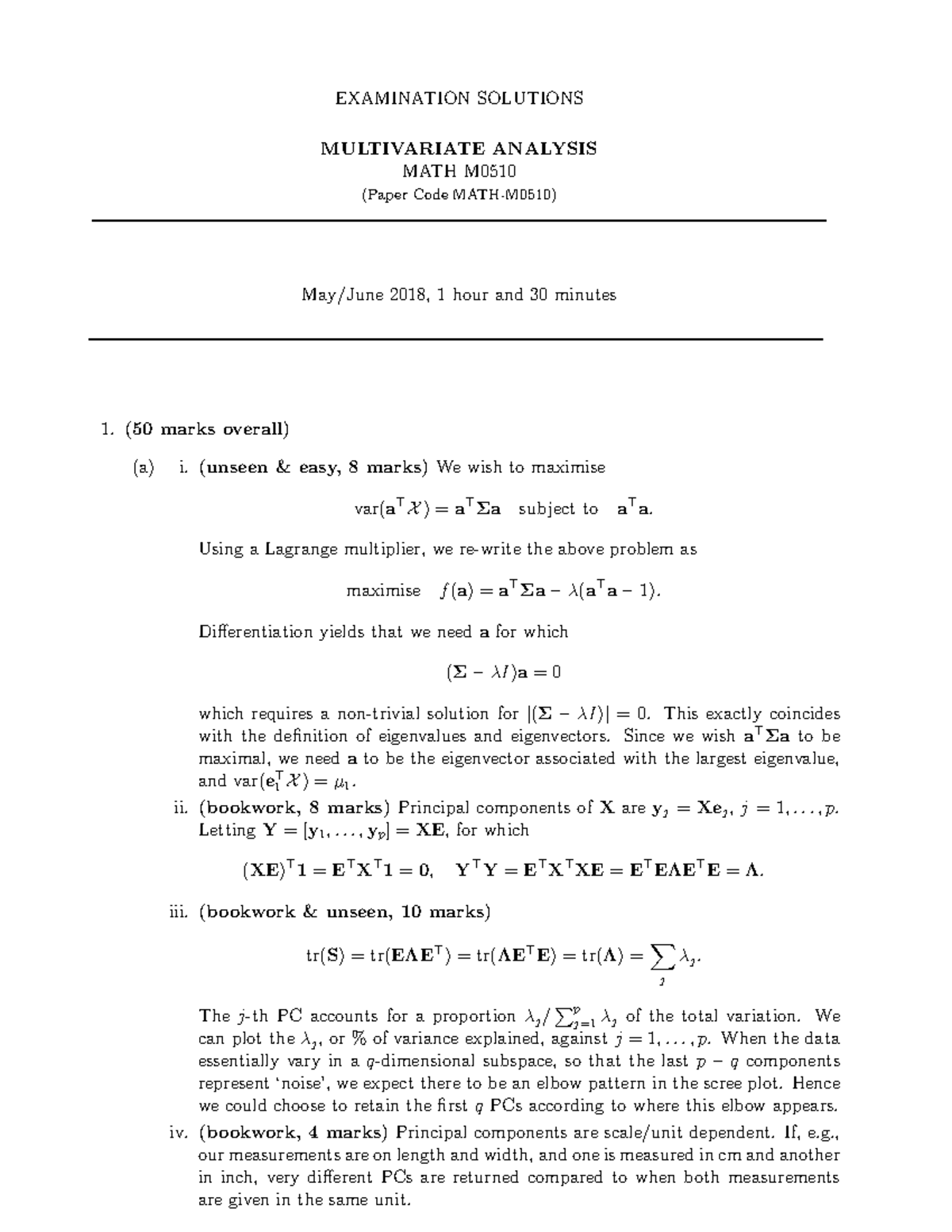 Multivariate Analysis 34 Exam Solutions 2018 - EXAMINATION SOLUTIONS ...