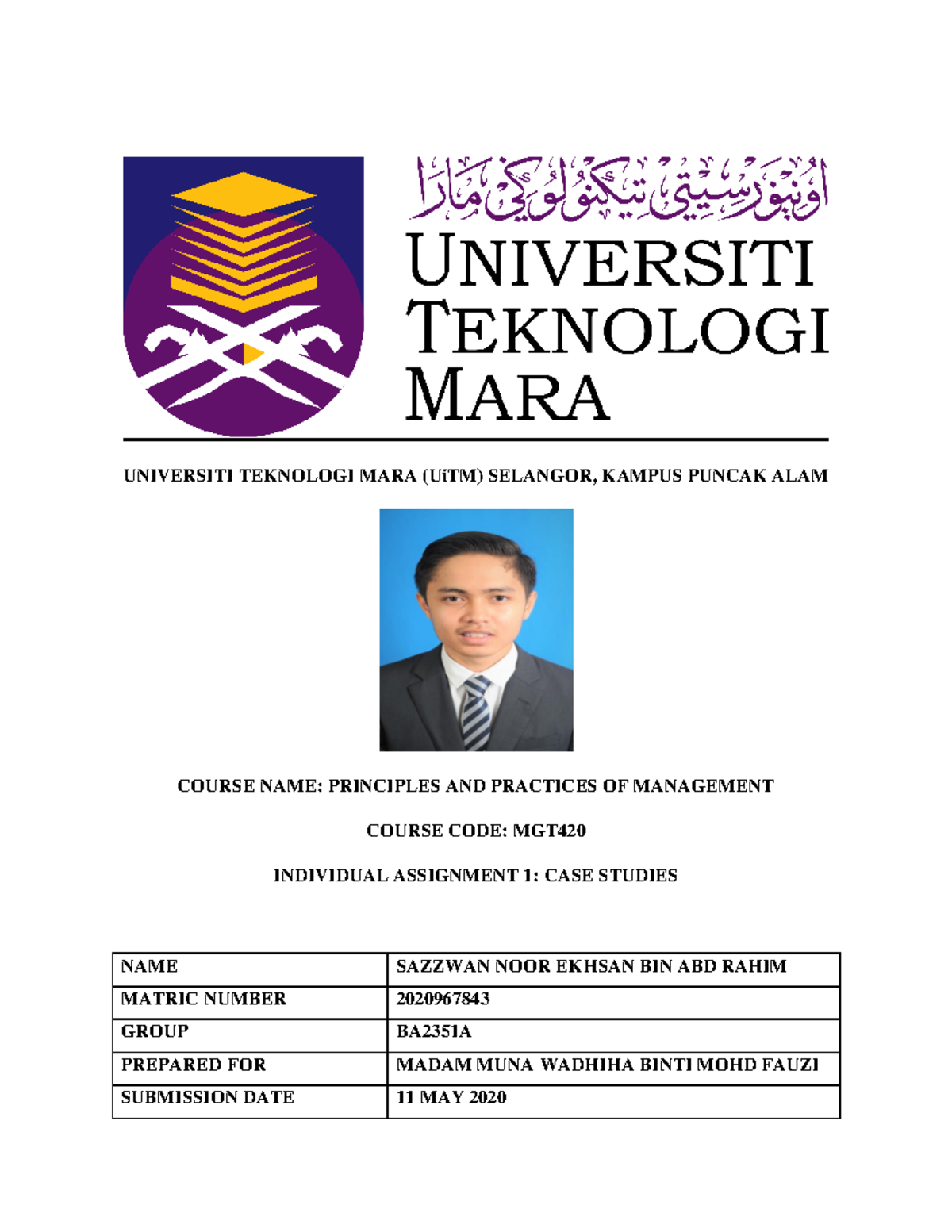 Individual Assignment 1 - UNIVERSITI TEKNOLOGI MARA (UiTM) SELANGOR ...