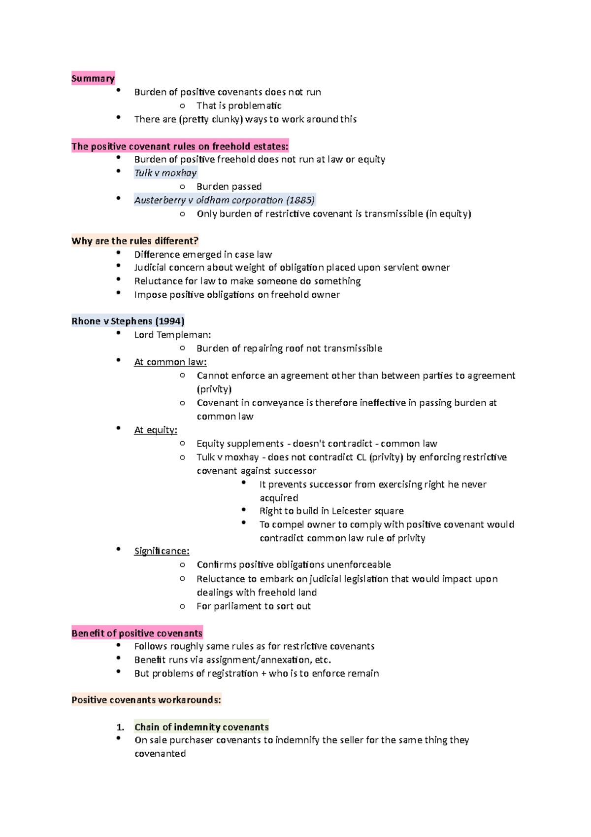 Rules on positive covenants - Summary Burden of posiive covenants does ...