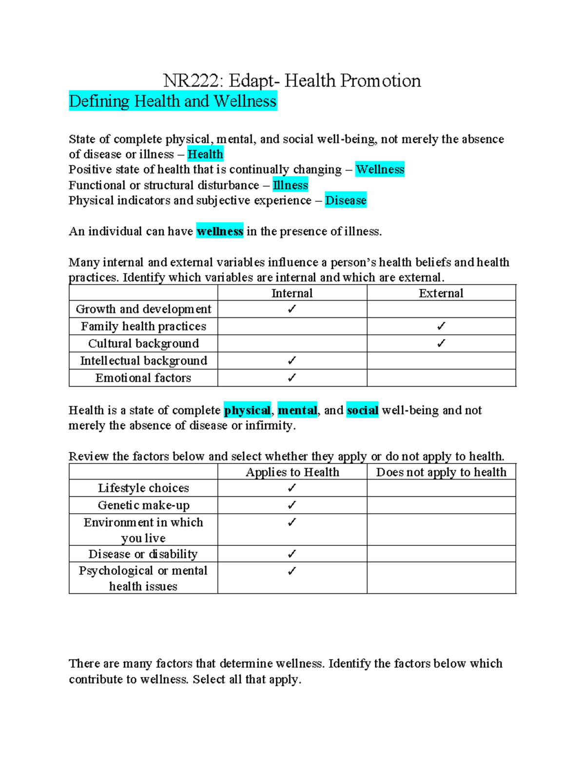 Health Promotion - NR222: Edapt- Health Promotion Defining Health and ...