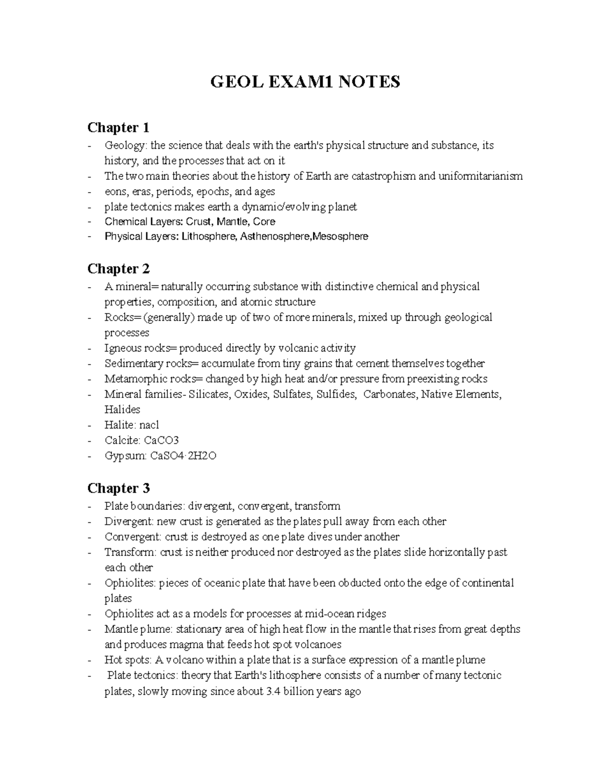 Copy of Exam 1 study guide notes - GEOL EXAM1 NOTES Chapter 1 - Geology ...