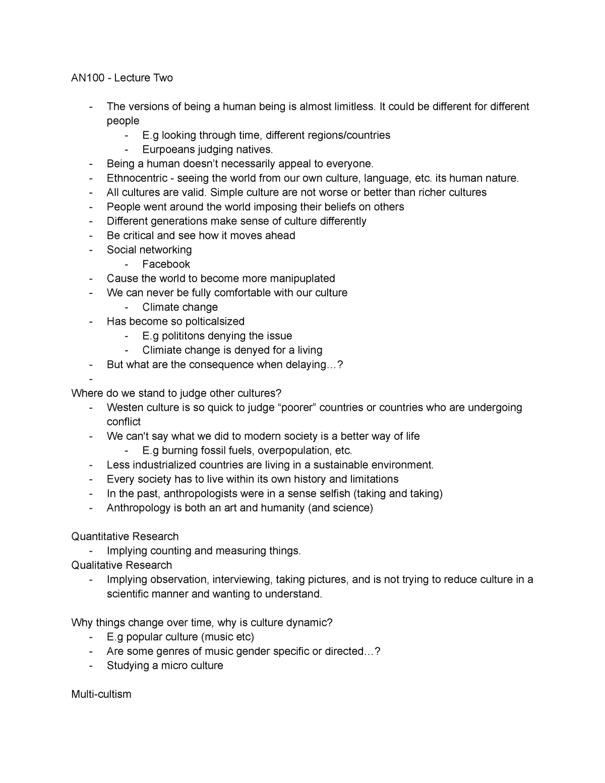 AN100 - Lecture Notes - AN100 - Lecture Two The versions of being a ...