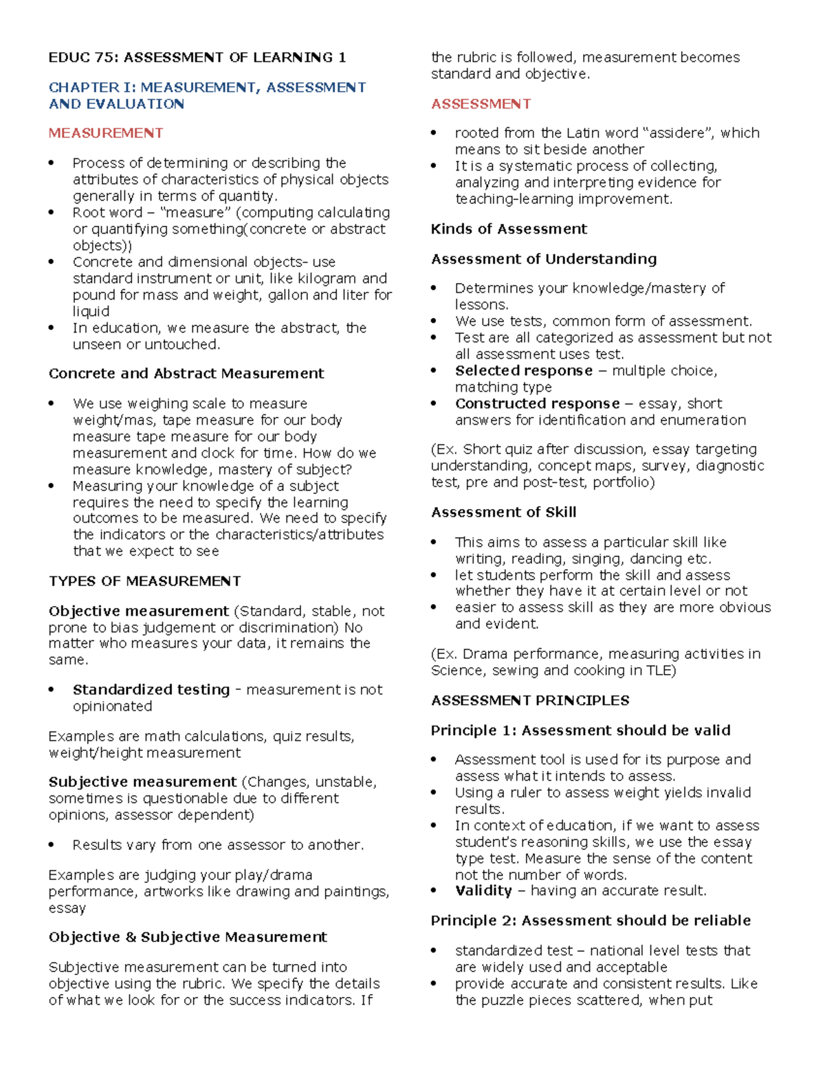EDUC 75 Final Compilation - EDUC 75: ASSESSMENT OF LEARNING 1 CHAPTER I ...