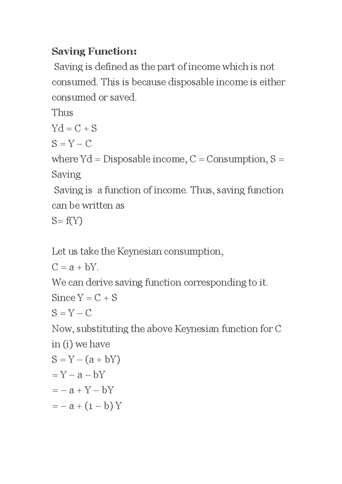 Saving Function - Saving Function: Saving is defined as the part of ...