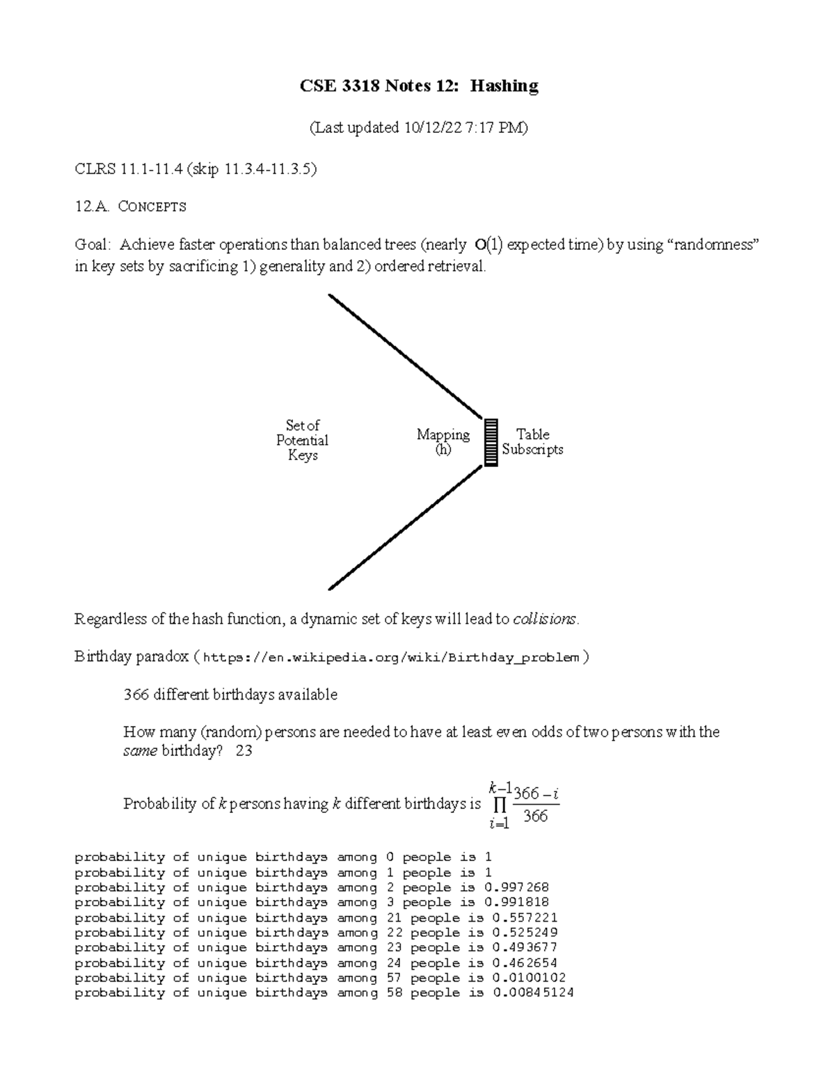 Notes 12 - Hashing - CSE 3318 Notes 12: Hashing (Last updated 10/12/22 ...