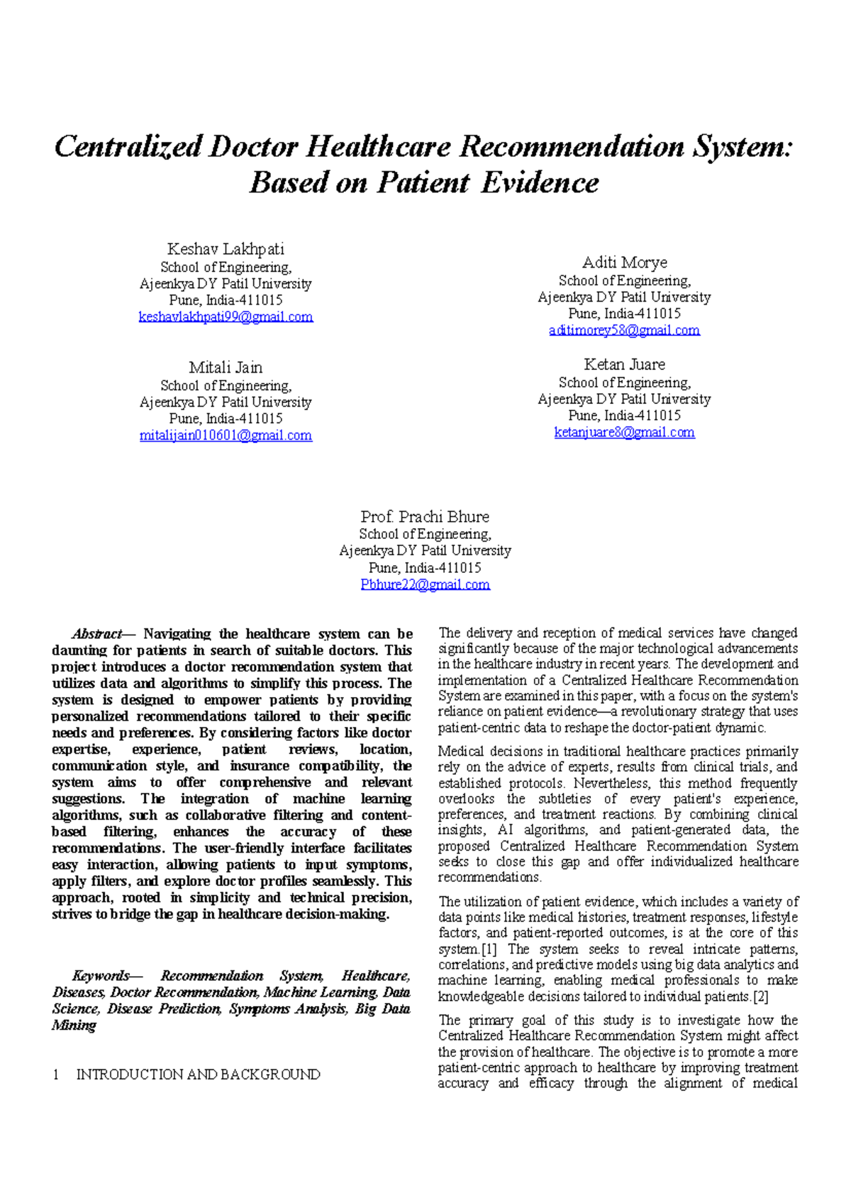 Centralized Doctor Healthcare Recommendation System Based on Patient ...