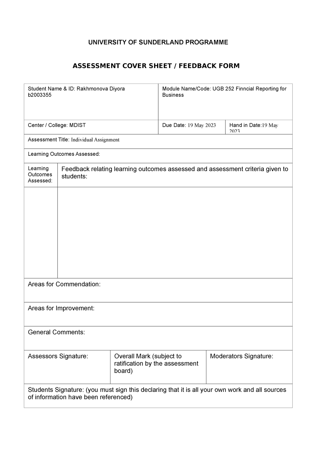 university of sunderland assignment cover sheet