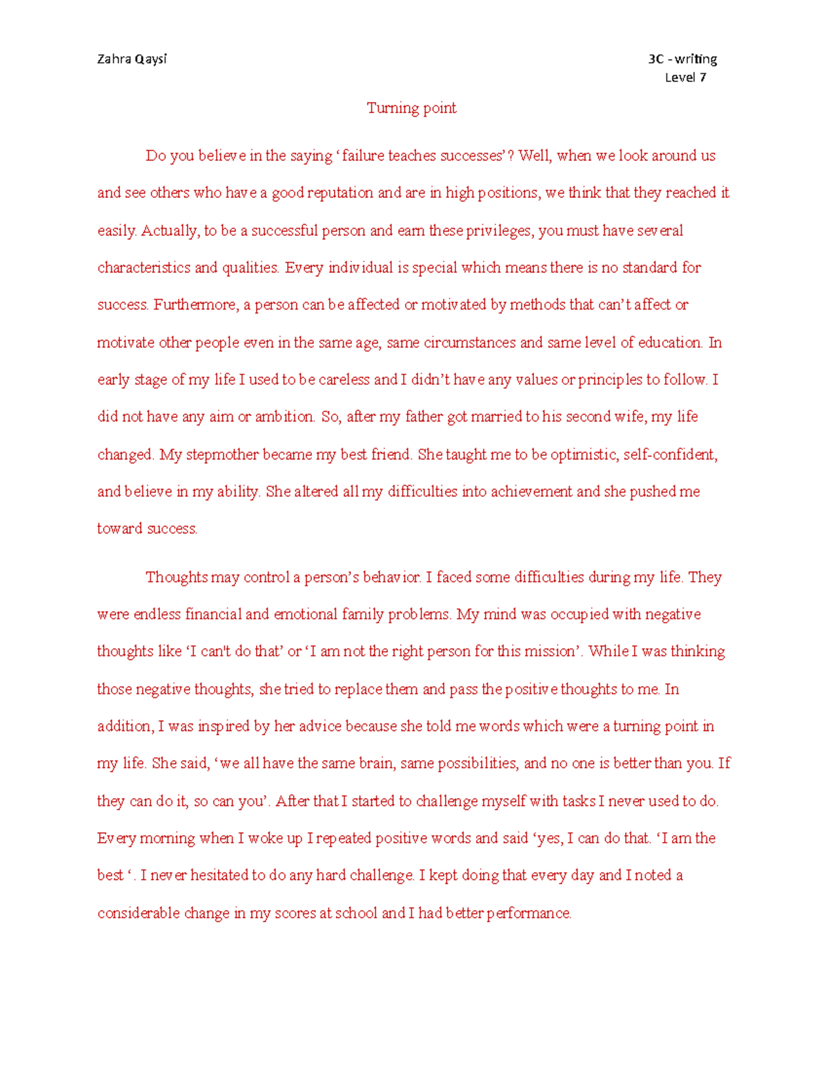 Turning point and changes - Zahra Qaysi 3C - writing Level 7 Turning ...